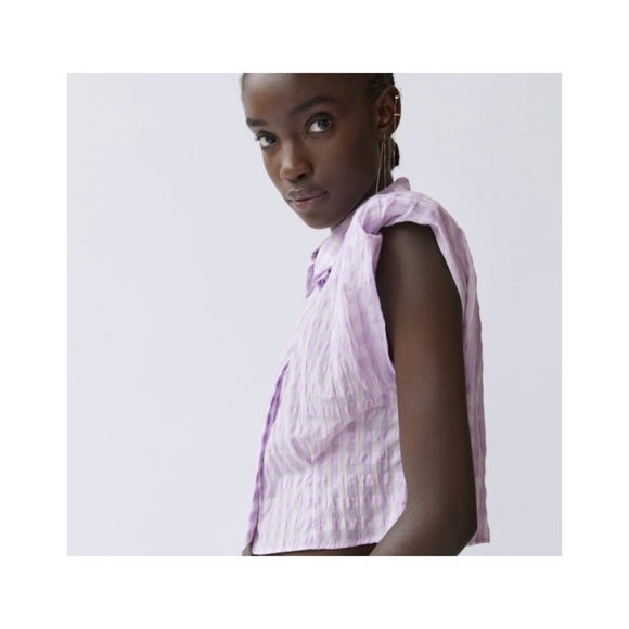 NWOT Zara Shoulder Pad Cropped Gingham Button Down Top - Picture 3 of 9